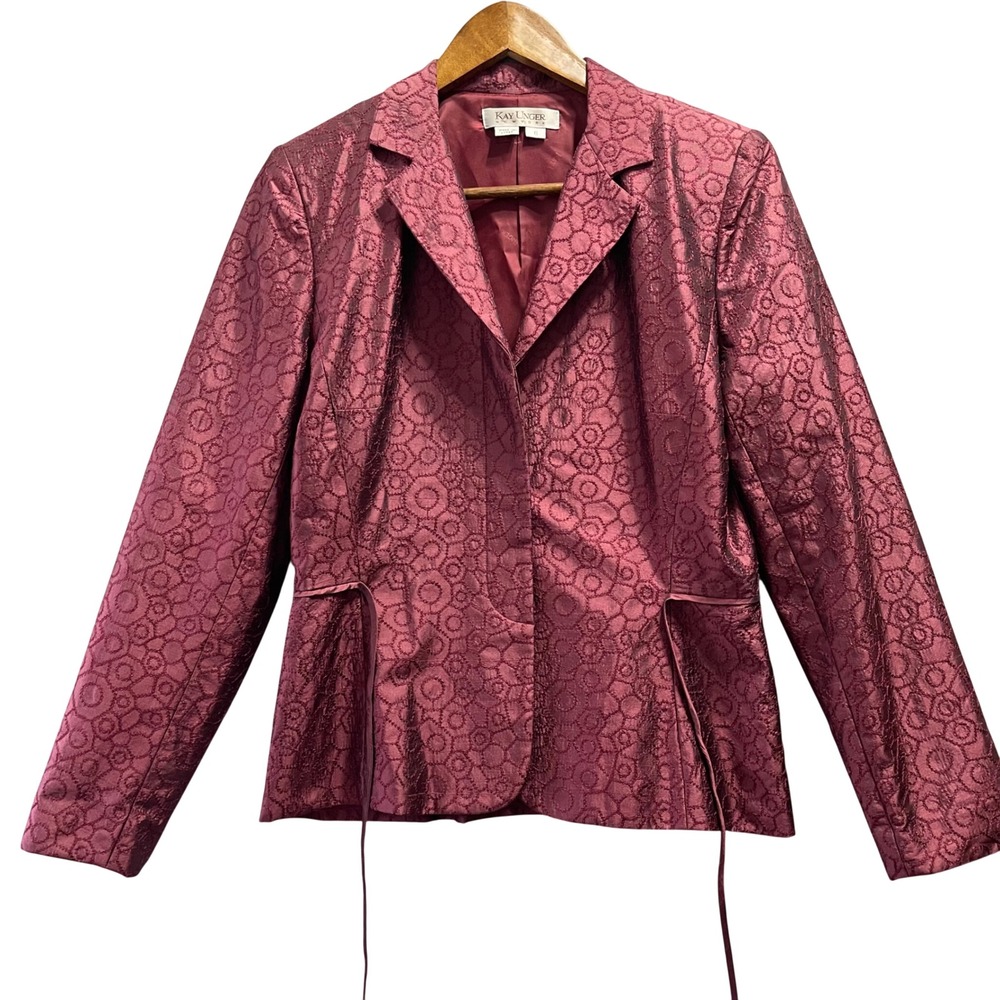 Kay Unger Blazer Women 6‎ Burgundy Red Embroidered Peplum Jacquard Jacket Preppy